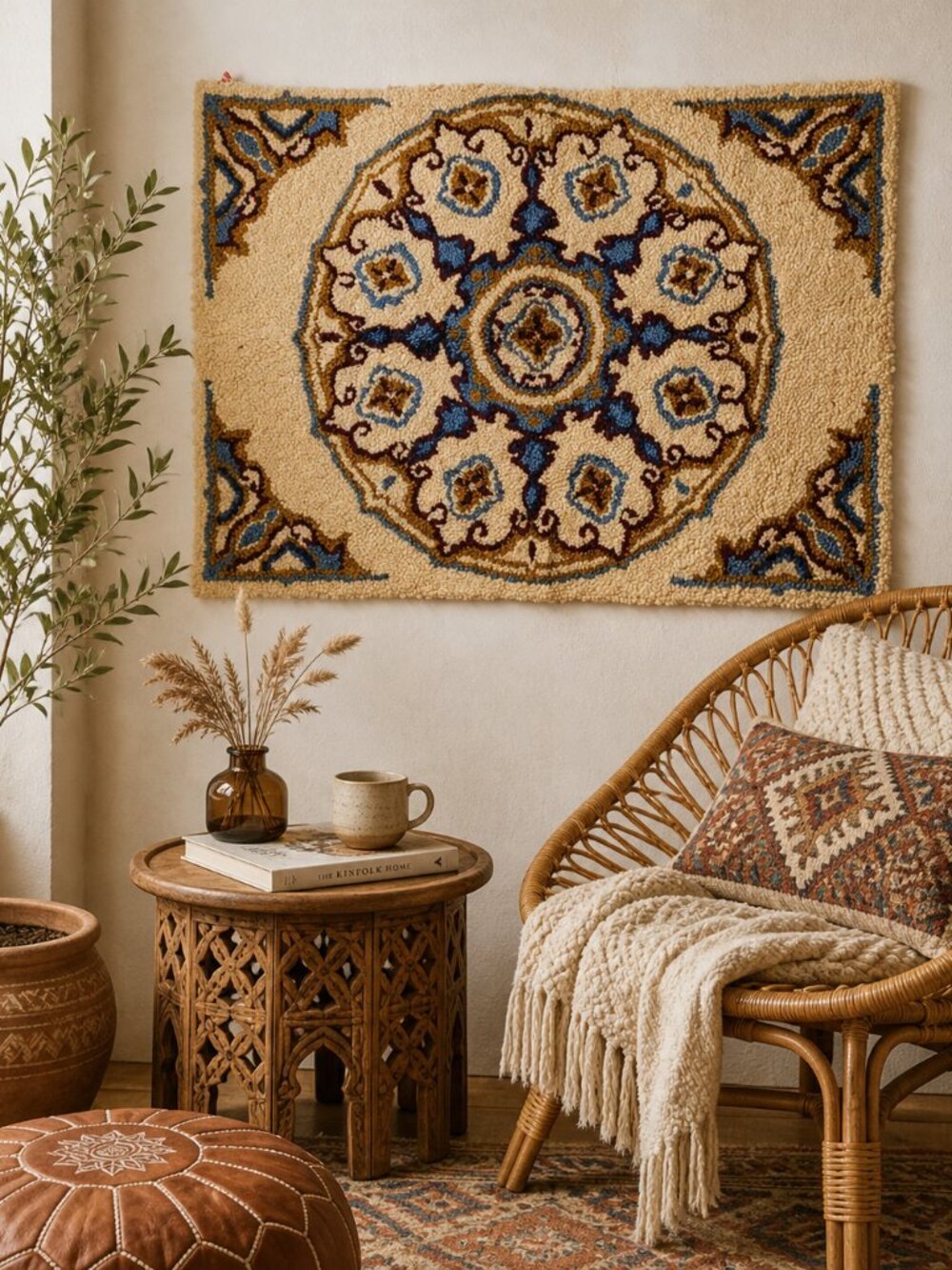Vintage Boho Hand-Latch Hook Retro MCM Mandala Wall Hanging Rug